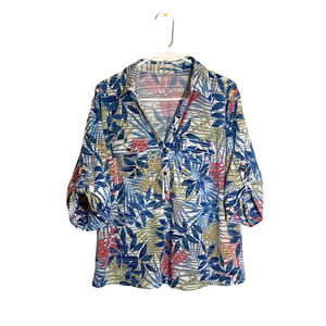 Womens Cathy Daniels Tropical Print 3/4 Sleeve V-Neck Button up Blouse Size 1X